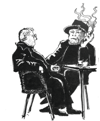 Black and white drawing of two people seated at a cafe table, one smoking a cigarette