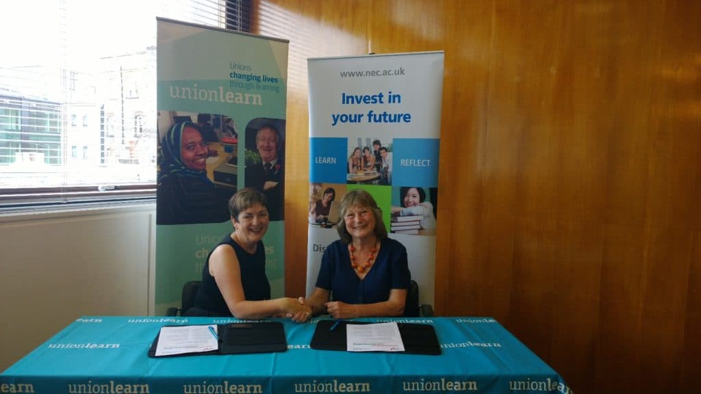 Ros Morpeth and Mary Bousted signing the NEC and unionlearn MOU