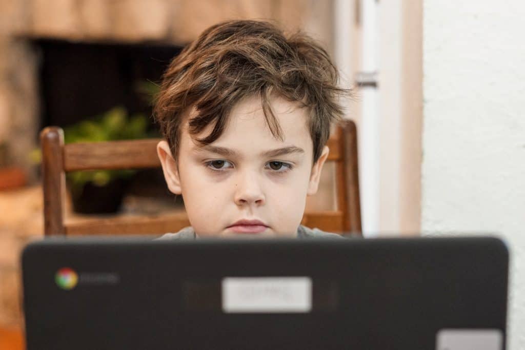 young male child behind a laptop screen