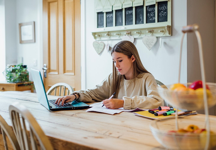 student studying at table in home
