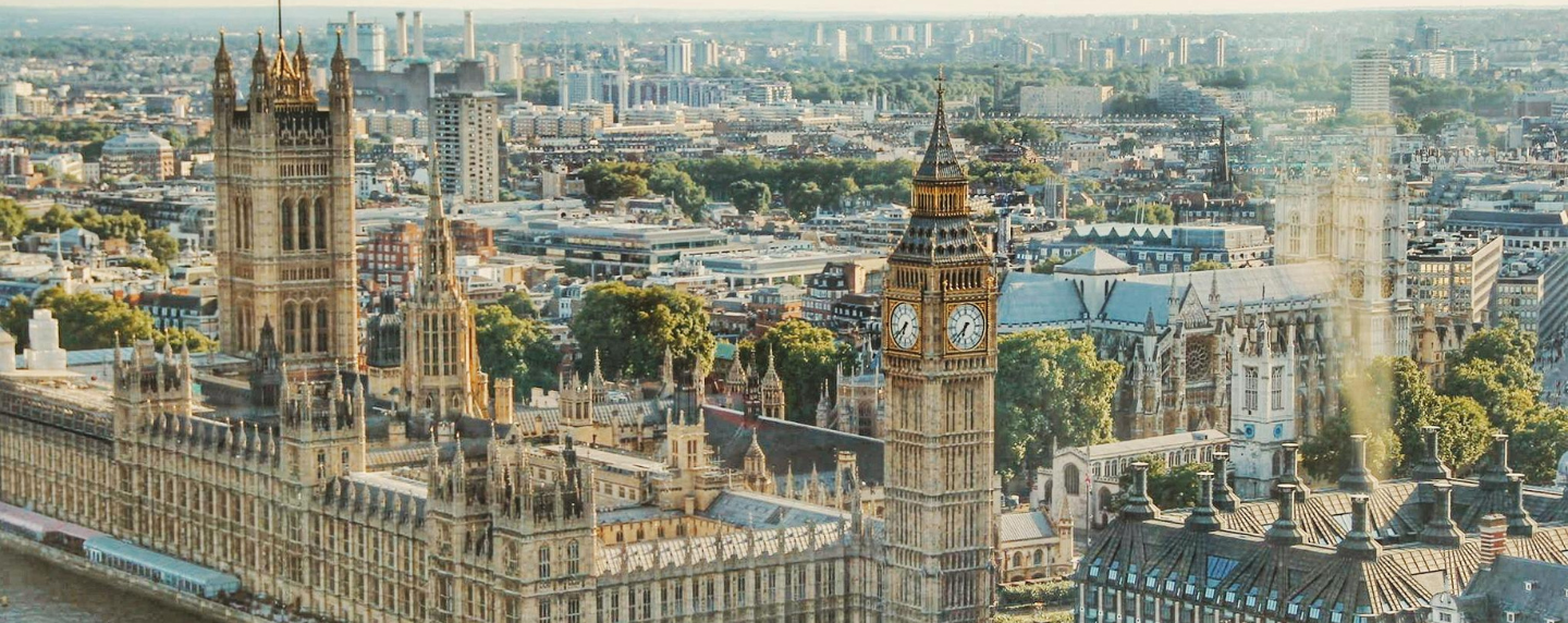 Aerial view of the Houses of Parliament and Big Ben in London, symbolising British politics, governance, and democratic institutions.