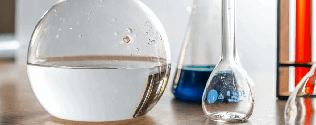 A close-up of laboratory glassware containing clear and coloured liquids, symbolising chemical reactions and scientific investigation.