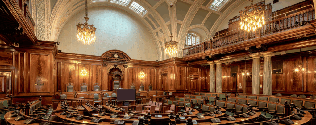An ornate parliamentary chamber with wooden benches and chandeliers, symbolising political debate, governance and democracy.