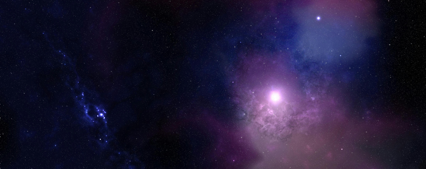 A stunning image of deep space showing stars, nebulae, and glowing purple light — representing the mysteries explored in A level Physics.