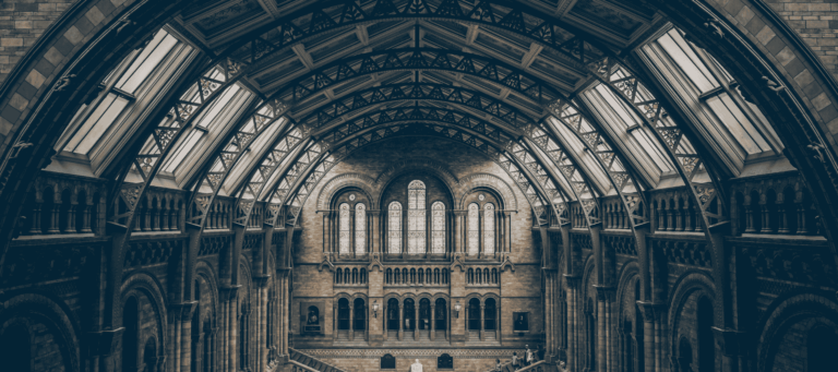 Interior view of a grand historical building with arched architecture and stained-glass windows, representing the study of history and heritage.
