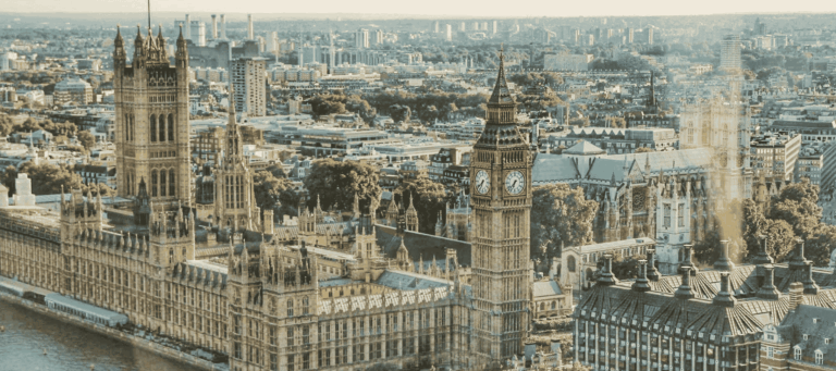 Aerial view of the Houses of Parliament and Big Ben in London, symbolising British politics, governance, and democratic institutions.