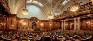An ornate parliamentary chamber with wooden benches and chandeliers, symbolising political debate, governance and democracy.