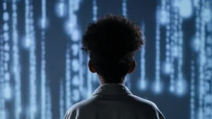 A person looking at a digital screen filled with cascading code, symbolising artificial intelligence and data processing.