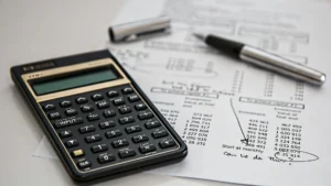 Close-up of a calculator and financial documents used in bookkeeping, alongside a pen and handwritten notes.