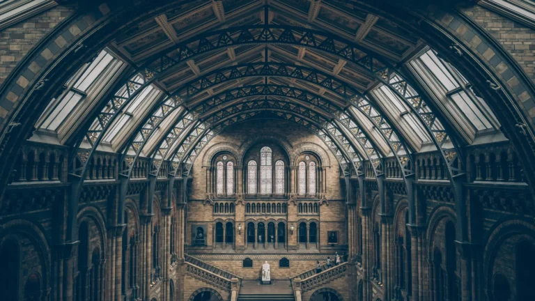 Interior view of a grand historical building with arched architecture and stained-glass windows, representing the study of history and heritage.