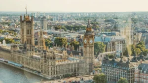 Aerial view of the Houses of Parliament and Big Ben in London, symbolising British politics, governance, and democratic institutions.