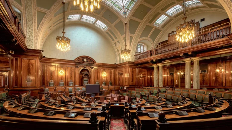An ornate parliamentary chamber with wooden benches and chandeliers, symbolising political debate, governance and democracy.