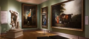 Paintings and sculpture in an art gallery